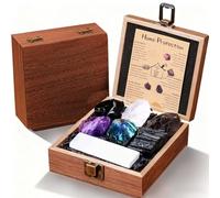 RJINGSHI House Protection Crystal Set - Premium 7 Pcs Home Shielding & Cleansing Stones with Selenite Wand in Wooden Gift Box | Raw Black Tourmaline, Obsidian, Amethyst, Clear Quartz Crystal Gifts