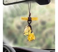 RJINGSHI Natural Citrine Crystal Car Mirror Hanging Ornament, Palo Santo Wood Macrame Charm Decor, Healing Gemstone Rearview Accessory, Home Window Wall Pendant, New Car Gift for Men and Women