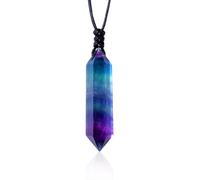 RJINGSHI Natural Colourful Fluorite Double Pointed Crystal Necklace Handmade Woven Healing Crystal Pendant Polished Gemstone Reiki Energy Stone Men and Women Necklace Gift