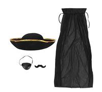 Rjrjc 4 Piece Black Pirate Costume Set with Cape, Hat, Eye Patch and Beard for Halloween Party Role Play and Stage Performance, Knitted Fabric, Sizes 140 170cm