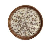 RJSQAQE Round Rattan Serving Tray with Mother of Pearl Inlay,Hand Woven Decorative Eating Tray with Wood Base,Decorative Wicker Baskets Woven Serving Tray for Coffee Table