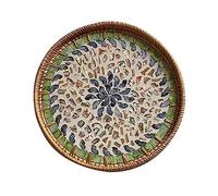RJSQAQE Round Rattan Serving Tray with Mother of Pearl Inlay,Hand Woven Decorative Eating Tray with Wood Base,Decorative Wicker Baskets Woven Serving Tray for Coffee Table