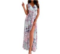 RKaixuni Classy Women's Chiffon V Neck Summer Casual Maxi Dresses Warp Ditsy Floral Long Slip Dress Flowy Beach Boho Dress Light Blue