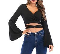 RKaixuni Early Cyber of Monday Women Casual Long Bell Sleeve Crop Tops Loose V-Neck T Shirt Flare Sleeve Shirt Tops Wrap Blouse 2024 Fashion Clothes Black