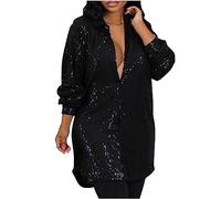 RKaixuni Early Sequin Shirts Women Party Night Button Down Blouse Dressy Casual Long Sleeve Oversize Tops Concert Disco Outfits Black