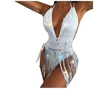 RKaixuni Fall Clearance Deals Today Deals Prime 2024 Women's One Piece Swimsuit Sequin Sparkly Fringe Hem Shiny Tassel Plunge V Neck Bathing Suits Swimwear Beachwear