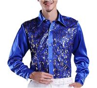RKaixuni Mens Dress Shirts Sequin Sparkly Long Sleeve Button Down Western Cowboy Shirt Wedding Party Formal Tops Disco Outfits Blue