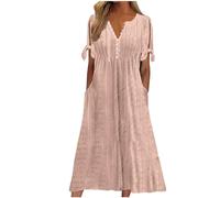 RKaixuni Summer Dresses Mature Ladies Women Knee Length Midi Dress High Waisted Short Sleeve Casual Button Up Pleated Sundress Beige
