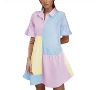 RKaixuni Summer Dresses Women Color Block Print Short Sleeve Casual Button Front Striped Dress Trendy Tiered Ruffle Sundress