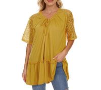 RKaixuni Summer Peasant Tops for Women Gypsy Tops Hollow Lace Crochet Short Sleeve Shirts Elegant Flowy Ruffle Peplum Blouse Yellow