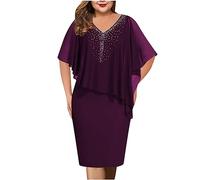 RKaixuni Wedding Guests Dresses Women Formal Chiffon Mesh Cape Overlay Sequin V-Neck Midi Bodycon Pencil Dress Knee Length Purple