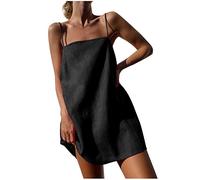 RKaixuni Women Spaghetti Strap Cotton Tank Dresses Linen Mini Dress Sleeveless Short Sundress Beach 2024 Vacation Outfit Black