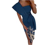 RKaixuni Women's Classy One Shoulder Formal Pencil Dress Elegant Bodycon Belted Mid Slit Cocktail Midi Dresses Wear to Work Blue