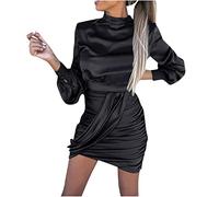 RKaixuni Womens Ruched Sexy Casual Satin Silk Bodycon Party Dresses Turtleneck Spring Long Sleeve Slim Fit Mini Club Dress Black