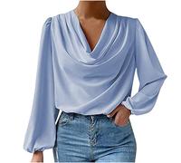 RKaixuni Women's Satin Silk Draped Cowl Neck Ruched Long Sleeve Crop Tops Dressy Casual Blouse Shirt Spring Fashion 2023 Blue