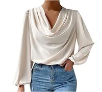 RKaixuni Women's Satin Silk Draped Cowl Neck Ruched Long Sleeve Crop Tops Dressy Casual Blouse Shirt Spring Fashion 2023 Beige