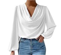 RKaixuni Women's Satin Silk Draped Cowl Neck Ruched Long Sleeve Crop Tops Dressy Casual Blouse Shirt Spring Fashion 2023 White
