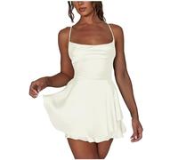 RKaixuni Womens Spaghetti Strap Satin Dress Sexy Strappy Backless Formal Evening Party Mini Silk Romper Dresses Prom Ball Gown White