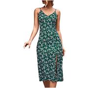 RKaixuni Women's V Neck Summer Casual Sexy Spaghetti Straps Ruched Midi Dress Cute Floral Slip Slit Dresses Club Party Dress Green
