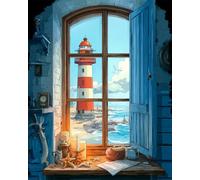RKFLGEW 14CT Cross Stitch Kits for Beginners Cartoon Lighthouse Outside The Window Counted Fabric Cross Stitching DIY Art Needlecrafts Embroidery Kits with Scissors Accessories 40x50cm