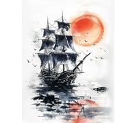 RKFLGEW 14CT Cross-Stitch Kits Vintage Sailboat Cross Stitch Set Ink Landscape Pre Printed Cross Stitch Kits for Adults Beginners, Embroidery Kit Wall Art Home Decor 40x50cm