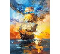 RKFLGEW 14CT Cross-Stitch Kits Vintage Sailboat Cross Stitch Set Sunrise Scenery DIY Embroidery for Adults Beginner Needlework Kit with Patterns Needlepoint Art 50x70cm