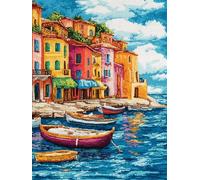 RKFLGEW 14CT Printed Cross Stitch Kits Fishing Boats at Sea Embroidery Kit Harbor Scenery Counted Fabric Cross Stitching DIY Art Needlecrafts Embroidery Kits 30x40cm