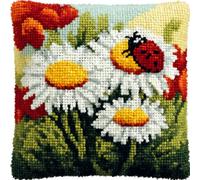 RKFLGEW Animal Cross Stitch Latch Hook Sofa Cushion Cover,Daisies and Ladybug,3D Pre-Printed Pillow Case Latch Hook Embroidery Pillow Cover Kits with All Tool Fit for Kids and Adults,17X17Inch