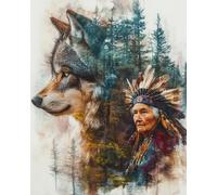RKFLGEW Animal DIY Bead Embroidery Kit Indians and Wolves DIY Embroidery Beads Printed 9Ct Cross Stitch Kit Needlework Set Home Art Decor 40x50 cm