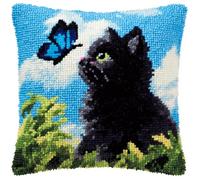 RKFLGEW Animal Latch Hook Cushion Kit, Black Cat and Blue Butterfly Knitting Kits Cushion, 43X43Cm/17X17 Inch Rug Making Kit for Starters, Latch Hook Kits for Beginners Adults Or Children