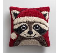 RKFLGEW Animaldiy Latch Hook Craft Kits Raccoon Wearing A Santa Hat DIY Throw Pillow Cover,Sofa Cushion Latch Hook Kits for Beginners Adults Pre-Printed Pattern 43x43cm