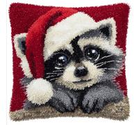RKFLGEW Animaldiy Latch Hook Kits Raccoon Wearing A Santa Hat Pillowcase Sewing Making Kits DIY Crochet Yarn Kit Embroidery Set Pillow/Cushion Cover 43x43cm