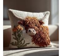 RKFLGEW Animaldiy Pillow Embroidery Kit Highland Cattle and Flowers Latch Hook Cushion Kit,DIY Pillow Cover Making Craft Printed Canvas for Beginners Embroidery Crafting 43x43cm