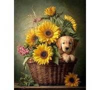 RKFLGEW DIY Bead Embroidery Kit Fantasy Dog in A Flower Basket Needlepoint Kits Bead Cross Stitch 3D Beaded Painting Handcraft 30x40cm