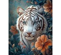 RKFLGEW DIY Bead Embroidery Kit White Tiger Animals and Flowers Beaded Embroidery Kits Easy Cross-Stitch Set for Adults Beginners 50x70cm
