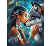 RKFLGEW DIY Bead Embroidery Kits Indian Woman and Wolf Beaded Cross Stitch Bead Embroidery Pattern DIY Wall Hanging 3D Perle Set 50x70cm
