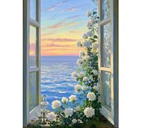 RKFLGEW DIY Bead Embroidery Kits White Rose Scenery by The Window Crafts Bead Embroidery Kit Needlework Set，Needlepoint Pattern Decor Wall Art 40x50cm