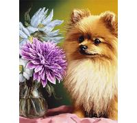 RKFLGEW DIY Embroidery Beads Set Pomeranian Animals and Flowers Beaded Cross Stitch Bead Embroidery Pattern DIY Wall Hanging 3D Perle Set 40x50cm