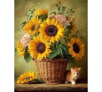 RKFLGEW DIY Embroidery Beads Set Sunflowers and Kittens Crafts Bead Embroidery Kit Needlework Set, Needlepoint Pattern Decor Wall Art 30x40cm