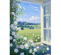 RKFLGEW DIY Embroidery Set Adults White Rose Scenery by The Window Needlepoint Handcraft Kits DIY Beaded Painting 3D Tapestry Bead Cross Stitch Kit 50x70cm