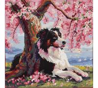 RKFLGEW DIY Hook Latch kit Border Collie Animal Cushion Making kit Dog and Pink Blossom Tree Latch Hook Kits Pillow DIY Handmade Cushion Crochet Yarn Embroidery Latch Kit Pillowcase 43x43cm