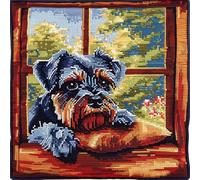 RKFLGEW DIY Latch Hook Craft Kits Schnauzer Animal Needlepoint Pillow Kit Cartoon Dog Latch Hook Kits for DIY Throw Pillow Cover,Needlework Cushion Cover Hand Craft Crochet for Family 43x43cm