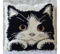 RKFLGEW DIY Latch Hook Kit Cushion Black and White Cat Animal Cover Latch Hook Pillow DIY Pillowcase Kit Adults Embroidery Craft Set with Printed Canvas 43x43cm