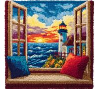 RKFLGEW DIY Latch Hook Kit Cushion Lighthouse Scenery Outside The Window Pillow Cover DIY for Teenager Beginner and Adults Family Friends Needlework Crafts Atch Hook Set 43x43cm