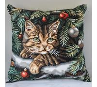 RKFLGEW DIY Latch Hook Kits 17X17 Inch, Cat Under The Christmas Tree Pattern Printed Throw Pillow Case Cushion Cover - Home Decoration Crochet Needlework Crafts with Latch Hook Tool for Kids and ADU