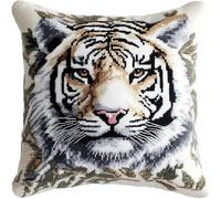 RKFLGEW Diy Latch Hook Pillow Kit For Adults Animal White Tiger 43X43Cm Throw Pillow Cover With Printed Canvas Crochet Yarn Needle Craft Easy Handmade Cushion For Home Sofa Decoration