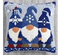 RKFLGEW DIY Latch Hook Pillow Kit for Adults Christmas Blue Gnomes 43X43Cm Throw Pillow Cover with Printed Canvas Crochet Yarn Needle Craft Easy Handmade Cushion for Home Sofa Decoration
