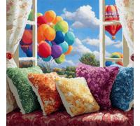 RKFLGEW DIY Pillow Embroidery Kit Colorful Balloon Scenery Outside The Window DIY Hook Latch Kit Pillowcase Rug Printed Cushion Crochet Yarn Embroidery Decoration Beginner 43x43cm