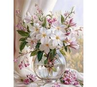 RKFLGEW DIY Seed Bead Embroidery Kits White Flowers in Vase Cross Stitch Needlepoint Handcraft Tapestry Kit Beaded Stitching Pattern 3D Wall Painting 40x50cm