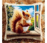 RKFLGEW DIY Stamped Pillow Latch Hook Kit Squirrel Animal by The Window DIY Hook Latch Kit Pillowcase Rug Printed Cushion Crochet Yarn Embroidery Decoration Beginner 43x43cm